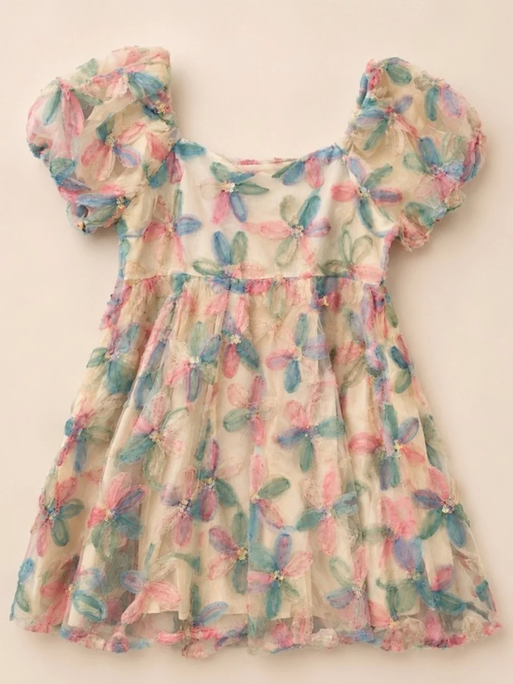 Romantic Pastel Floral Appliqué Puff Sleeve Mini Dress Sequins NWT M #2339-40